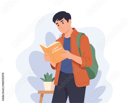 Young male student with a backpack standing and engrossed in reading a book, isolated on a simple background. Flat vector illustration