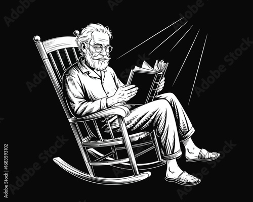 An elderly man with a beard and glasses sits in a rocking chair, peacefully reading a book under a beam of light