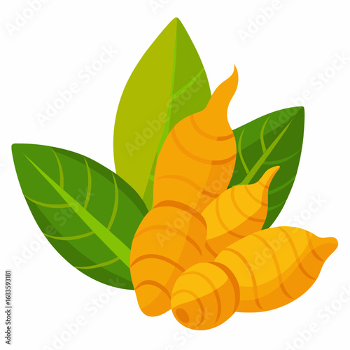 Vibrant turmeric roots and fresh green leaves create a natural organic food concept, perfect for health blogs, recipe illustrations, or promoting wellness products, originally a scalable graphic