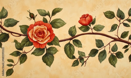 Vibrant Floral Wallpaper Design with Roses and Green Leaves