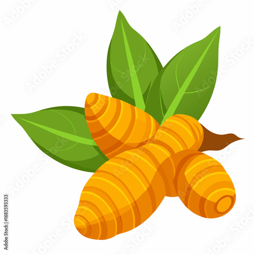 Fresh turmeric roots and green leaves, perfect for illustrating health, wellness, and natural ingredients, ideal for food and lifestyle content