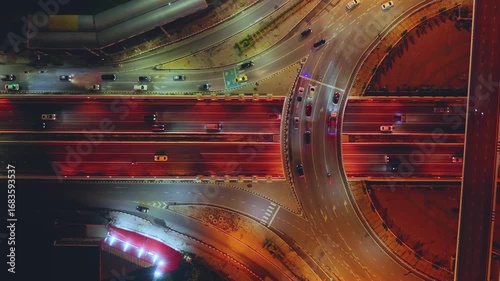 Expressway, Self-driving autonomous electric cars of the future with elements move along a busy traffic intersection. Artificial Intelligence, Car Scan, GPS Tracking, Smart Roads, IoT, highway