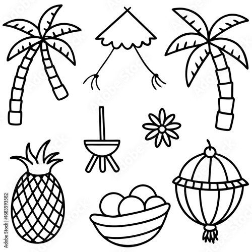 Whimsical hand-drawn tropical elements, perfect for vacation or travel designs, creating a fun, summery, and relaxing atmosphere