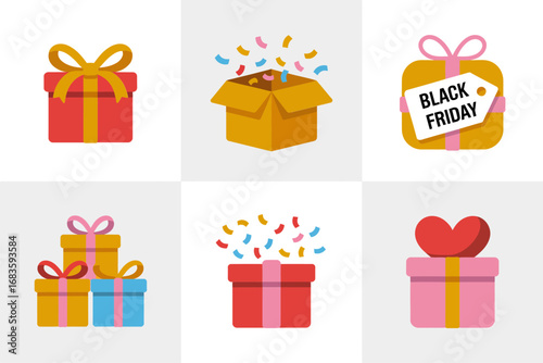 Gift box icons, ribbon present set, confetti burst, black friday heart label, surprise packaging, special offer, holiday sale, ecommerce marketing vector