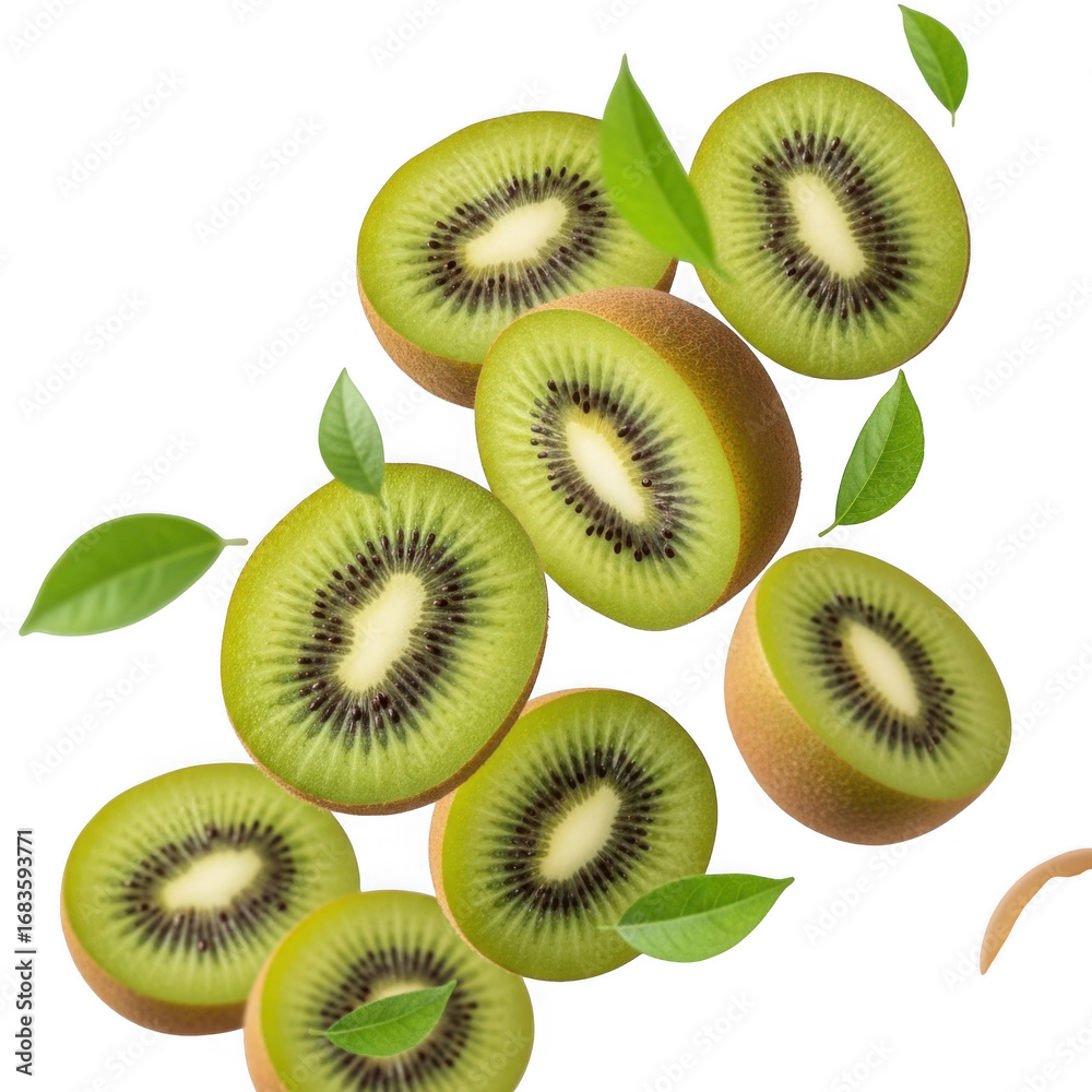 Fototapeta premium Fresh sliced kiwis with green leaves vibrant healthy tropical fruit food photography transparent background