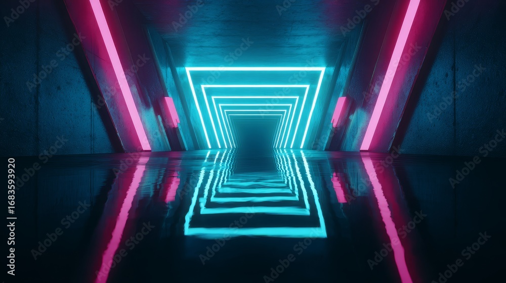 Fototapeta premium Digital light tunnel in neon blue and magenta, immersive futuristic abstract wallpaper design.