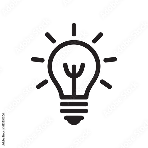 A black and white line art vector icon of a shining lightbulb, symbolizing creativity, innovation, and bright ideas. Isolated graphic design element