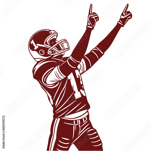 American football player celebrating with raised arms on white background