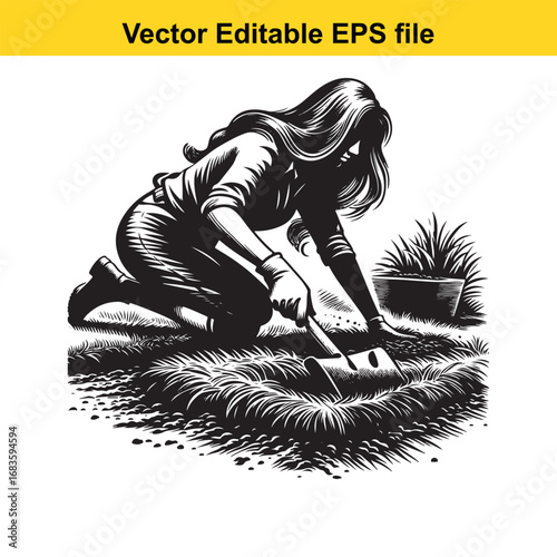 Woman gardening, digging in the soil with a trowel, isolated on white background