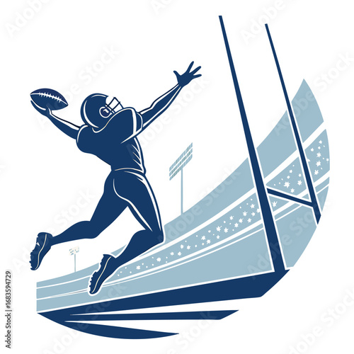 American football player jumping for a touchdown near goalposts