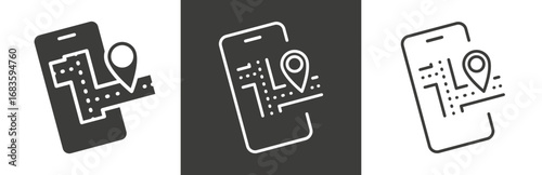gps navigation app icon, city street map on phone, local system, simple symbols on white and black background - editable stroke vector illustration