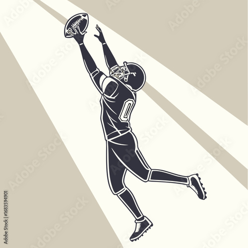 American football player reaching for a high pass catching