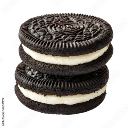 Stack of two chocolate sandwich cookies with cream filling isolated on transparent background