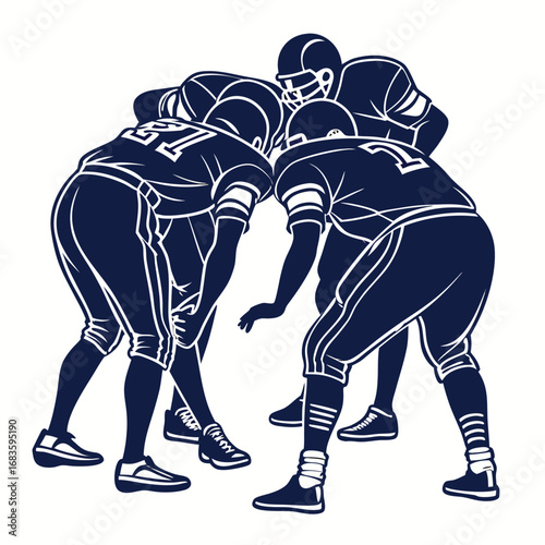 American football players in huddle on white background