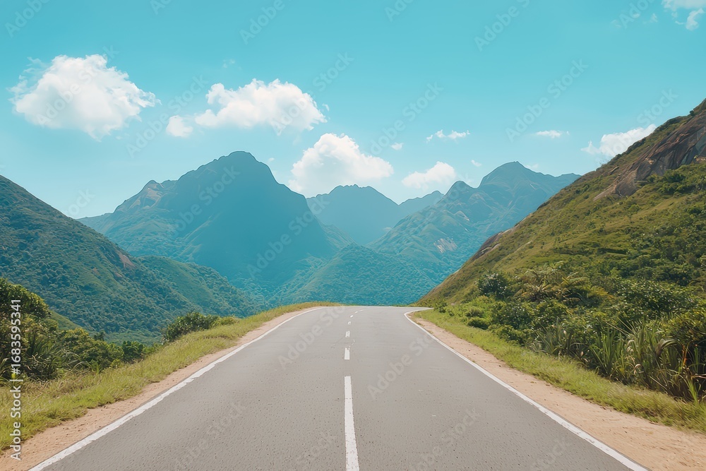 Fototapeta premium Scenic Mountain Road with Clear Blue Sky and Lush Green Landscape