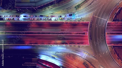 Expressway, Self-driving autonomous electric cars of the future with elements move along a busy traffic intersection. Artificial Intelligence, Car Scan, GPS Tracking, Smart Roads, IoT, highway