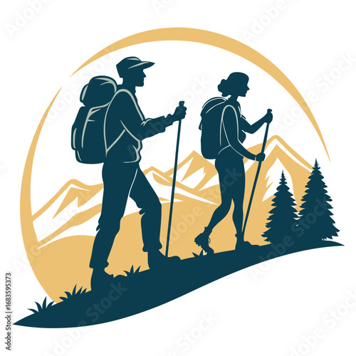 Couple hiking with backpacks and trekking poles in mountains