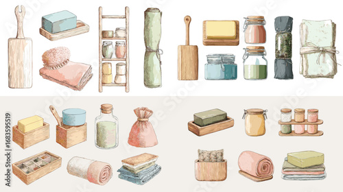 Watercolor eco lifestyle illustration with natural bathroom products including soaps, jars, towels, and brushes in zero waste design.