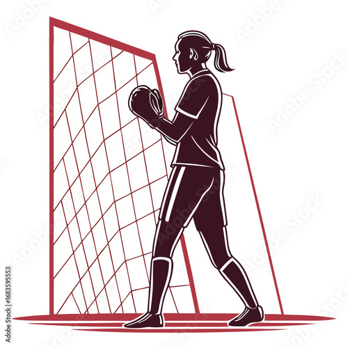 Female goalkeeper in front of soccer goal net football