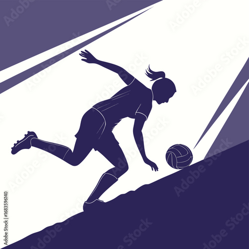 Female soccer player running downhill with ball football