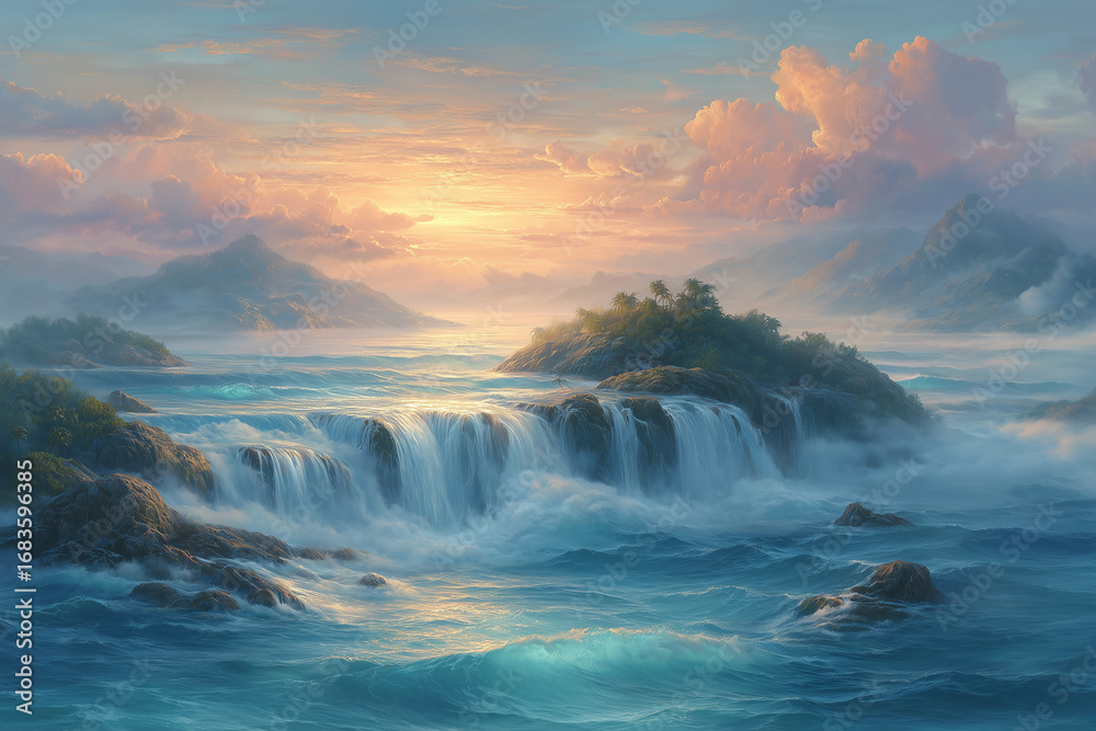 Fototapeta premium Surreal Waterfall Seascape with Dreamlike Sky