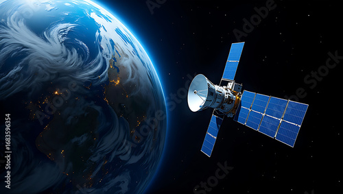 Fototapeta Naklejka Na Ścianę i Meble -  A satellite with solar panels and a dish antenna in orbit around planet earth, showcasing space exploration