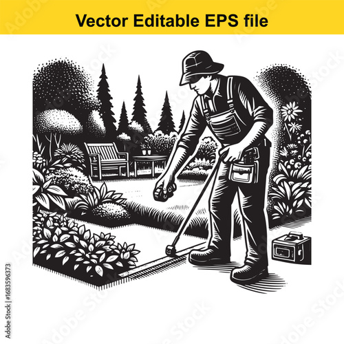Gardener working in a garden, tending to plants and landscaping features
