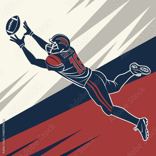 Football player leaping to catch ball with abstract background