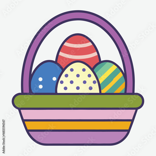 Colorful easter eggs in a woven basket with a purple handle