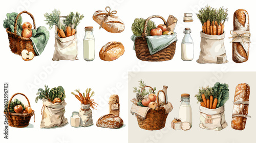 Watercolor rustic food illustration of baskets with bread, milk bottles, carrots, and fresh vegetables in countryside harvest style.