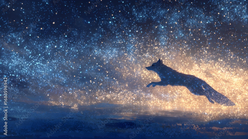 Fototapeta premium Majestic white wolf leaping through a sparkling, ethereal nightscape under starry skies