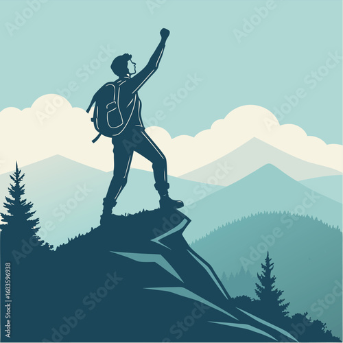 Hiker celebrating on a mountain summit with raised fist