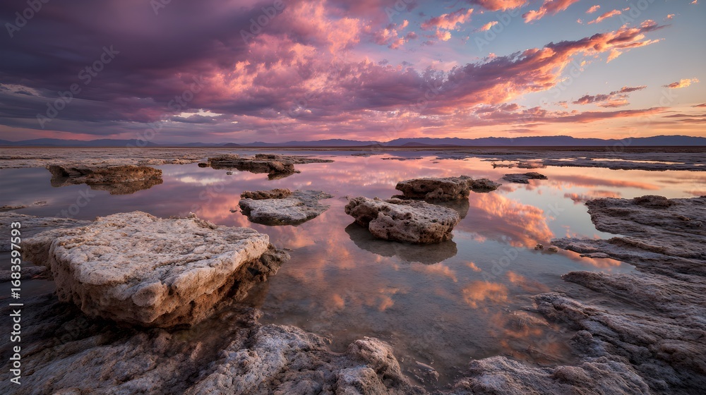 Fototapeta premium Dramatic sunset over salt flats with rocky formations, peaceful reflection, vibrant pink and orange sky