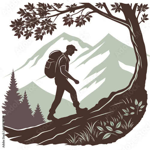 Hiker walking on a mountain path under a tree hiking