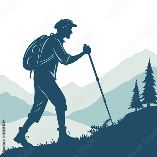 Hiker with backpack and pole on a mountain trail silhouette