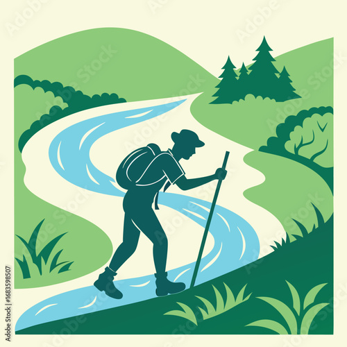 Hiker with backpack walks along winding river hiking