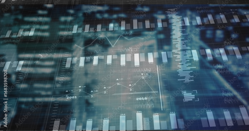 Fototapeta premium Showing financial dashboard in trading interface, with numeric labels, bar charts and trend lines