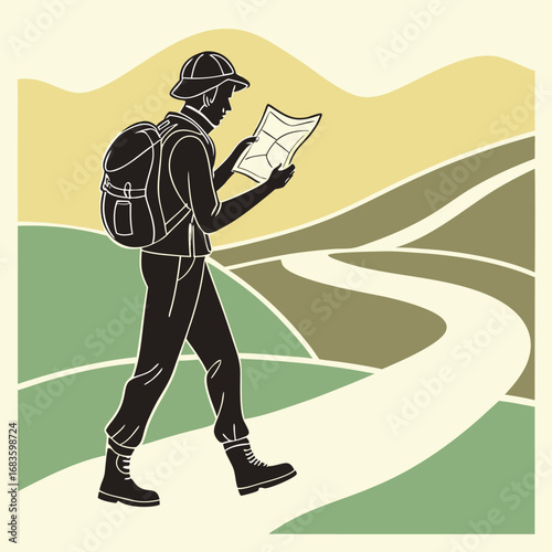 Hiker with map on a winding path in stylized landscape