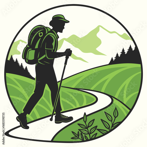 Hiker with poles walks on winding path in green hills