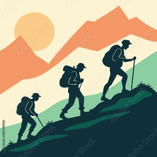 Hikers ascending a mountain slope at sunrise climbing