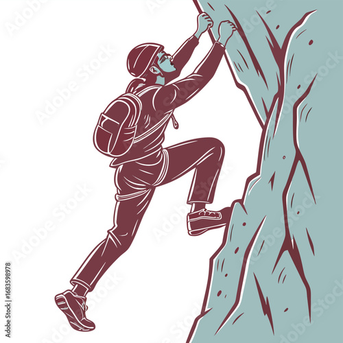 Man climbing a rock face with a backpack rock climbing