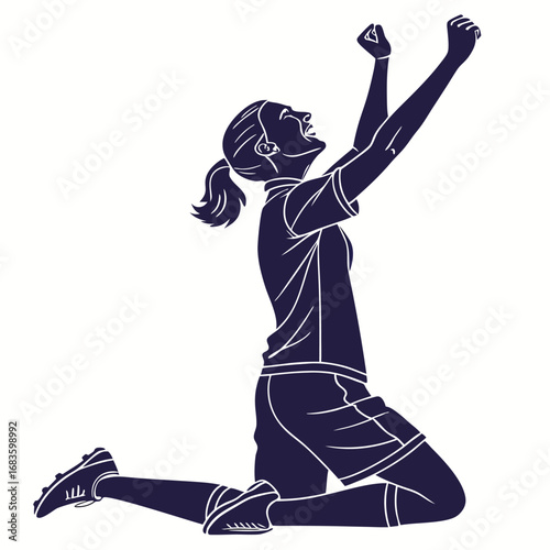 Joyful female soccer player celebrating victory on knees