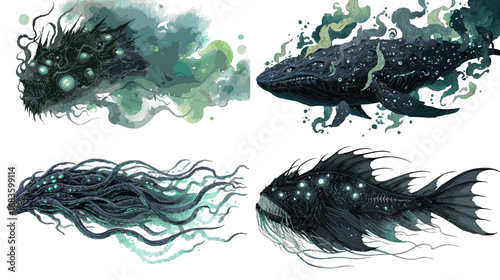 Surreal watercolor illustration of cosmic sea creatures including whales and fish with glowing stars, tentacles, and mystical marine energy.