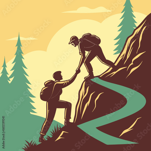 Two hikers helping each other climb a mountain hiking