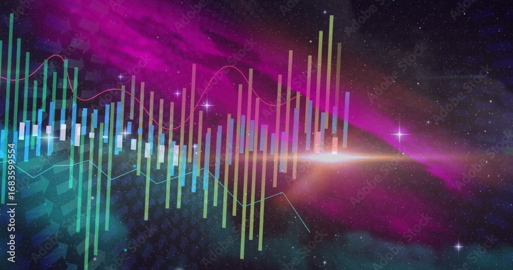 Naklejka premium Showing vertical bars and line graph forming visualization in cosmic scene with stars and hex grid