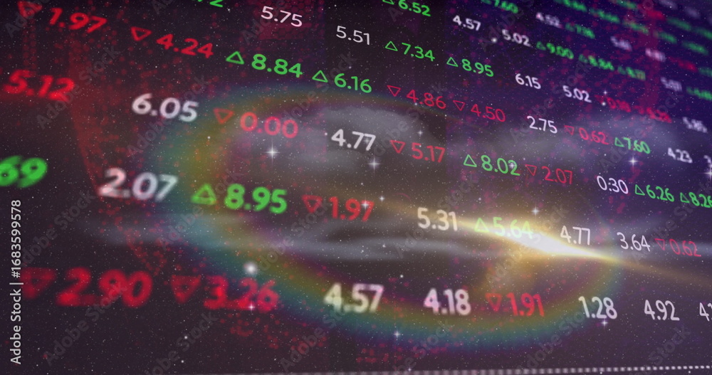 Fototapeta premium Floating stock numbers drifting over galaxy swirl starfield, with green up and red down triangles