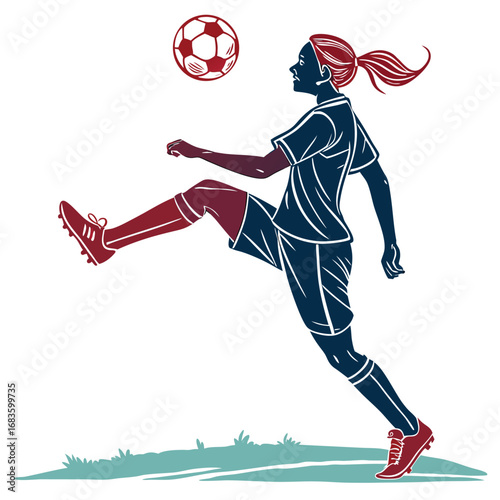 Woman playing soccer kicking ball up in air football