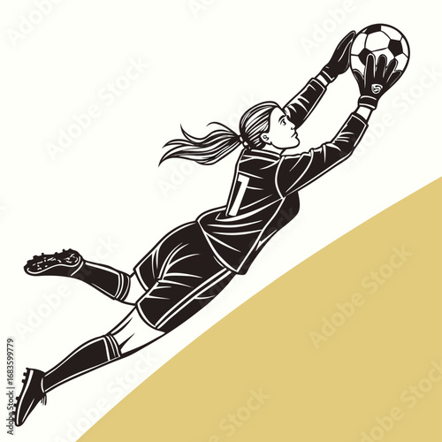Woman soccer goalie leaping to catch ball in silhouette
