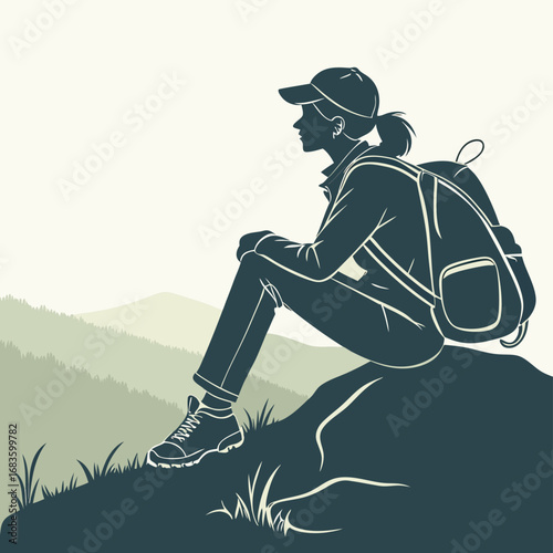 Woman sitting on rock looking at landscape hiker backpacker