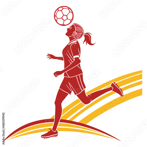 Woman soccer player heading ball with red and yellow accents